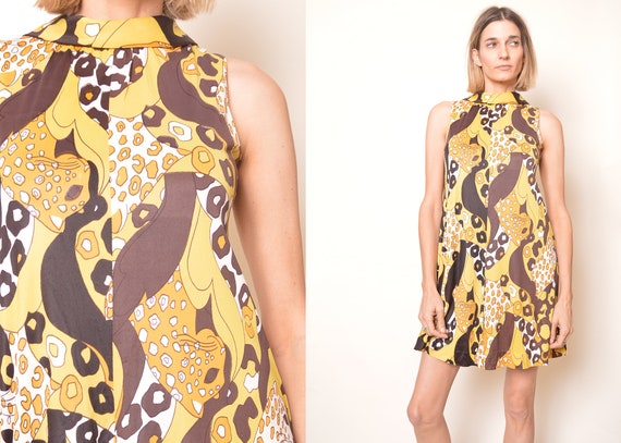 70s Babydoll Dress Leopard PRINT Animal Dress Mini
