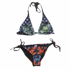Y2K Ed Hardy Bikini Two Piece Swimsuit Grey Orange Blue Rhinestone