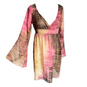 Y2k Flare Sleeve XOXO Dress Mini Dress V Neckline Flared Slit Sleeves Metallic Gold See Through Dress Vintage 2000&#39;s Boho Ombre Pink - M