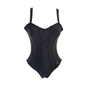 90&#39;s Black RVGY Bathing Suit One Piece Swim Suit Black Bodycon Swimsuit Open Low Back Bustier Bodice Retro Swimwear Vintage 1990s-Medium/M
