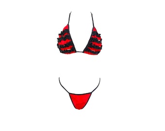 Bikini de dos piezas con volantes estilo Y2K, traje de baño de los 90, negro y rojo, bikini de tiro bajo tipo tanga, conjunto vintage de los 2000 y 1990 - Talla S/Pequeña