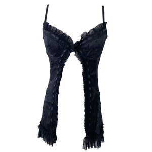 90&#39;s Bra Top Ruffle Lace Y2k Black Top Floral Lace Romantic Boho Vintage 00s Bohemian Cami Vintage 90&#39;s Lingerie  - Size Small - S