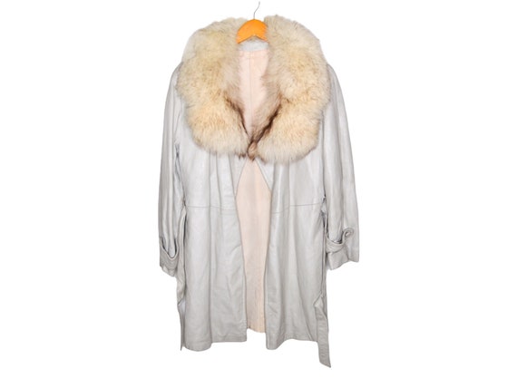 70's Cream Leather Jacket White Fur Collar Belted… - image 8