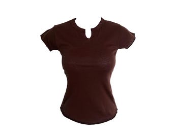 Y2K Brown Tee Shirt Crew Neck Top Vintage Y2K Short Cap Sleeve Vintage 2000&#39;s Stretchy Tee Top Pre- Shrunk T Shirt Boho Grunge Size Small/S