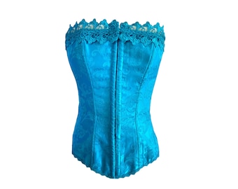 90's Corset Blue Satin Bustier Frederick's of Hollywood Lace up Back 90s Strapless Top Vintage Boho Romantic Grunge Cinch Waist Floral-34