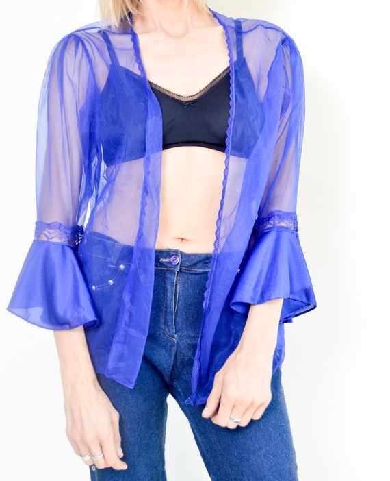 Blue Ruffle Shirt 1990s Blue  Pajama Sheer Shirt … - image 7