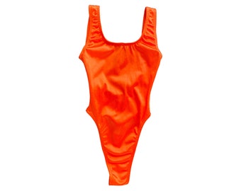 80s Leotard Bodysuit Thong Aerobics Top Body Suit Retro Work Out Orange Shiny Thong Back Swimsuit Gymnastics High Cut Leg Vintage 1980's - S
