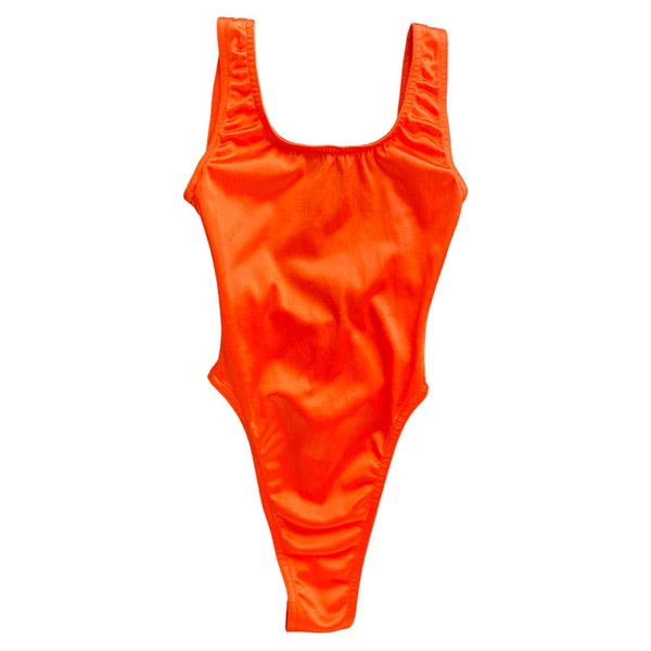 80s Leotard Bodysuit Thong Aerobics Top Body Suit Retro Work Out Orange Shiny Thong Back Swimsuit Gymnastics High Cut Leg Vintage 1980's - S