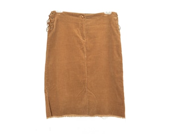 Y2K Tan Corduroy Pencil Skirt Stretchy Mini Skirt Lace up Waist 00s Party Grunge Boho Skirt Low Rise Skirt Y2K Vintage Hipster Small