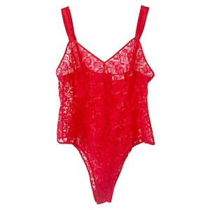 Red Lace Bodysuit 90&#39;s Floral Lace Top Festival Grunge Blouse See Through Victorias Secret Gold Label V Neckline Satin Trim Size Large L