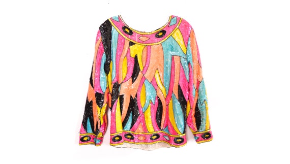 80's Rainbow Sequin Blouse Top 80s Disco Shirt Shi