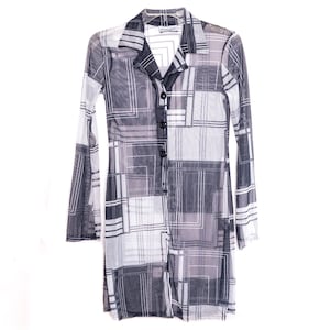 Y2K Shirt Top 00&#39;s Top Sheer Blouse Shirt Mesh Shirt See Through Rave Club Black White Checked Button Down Long Flare Sleeve Vintage 90s  S