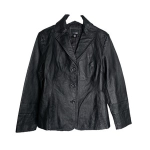 Black Leather Jacket 90&#39;s Leather Blazer Y2K Bohemian Western Boho Hippie Coat Vintage 1990s Hipster Collared Button Up Size Large/L