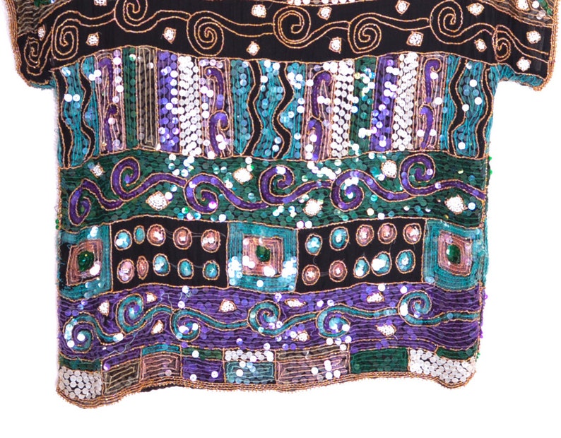 80/'s Sequin Blouse Top 80s Disco Shirt Shiny Purple Green Blue Geometric Bohemian Party Glam Sequin 80s Vintage Cocktail Medium