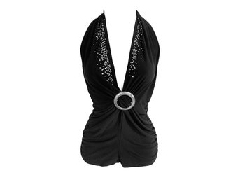 Y2k Black Halter Top Y2k Vintage Boho Halter Neck Studded Top Halter Neck Plunging V Neck Empire Waist Backless 90s Romantic Grunge  Large/L