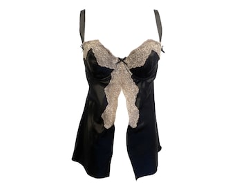 Black Bustier Camisole Lingerie Top Y2K Floral Lace Satin Black White Romantic Boho Vintage Lingerie 00's Frederick's of Hollywood - L
