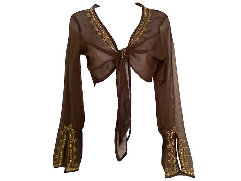 Puede incluir: Una blusa transparente de color marr&oacute;n con mangas largas y cierre de lazo frontal, que presenta un escote en V profundo y mangas acampanadas. La prenda est&aacute; decorada con bordados dorados y peque&ntilde;as lentejuelas doradas en el cuello y pu&ntilde;os.