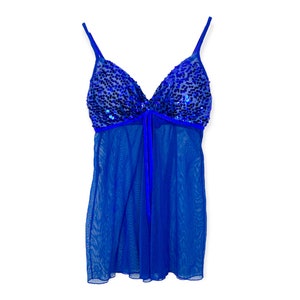 Y2K Sequin Tank Top Cami Top Blue Mesh Babydoll Tank Top Sheer See Through Mesh V Neckline Romantic Vintage Bohemian Size - Medium M