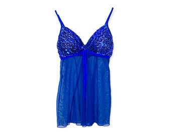 Y2K Sequin Tank Top Cami Top Blue Mesh Babydoll Tank Top Sheer See Through Mesh V Neckline Romantic Vintage Bohemian Size - Medium M