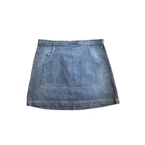 90&#39;s Denim Skirt Blue Denim Patch Pocket Grunge Mini Skirt A Line Stonewash Denim 1990s Vintage Jean Skirt  Size Large/L