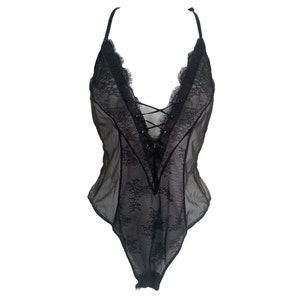 Black Mesh Bodysuit 90&#39;s Mesh Lace Up Sheer Black Bodysuit Festival  Goth Grunge Blouse See Through Plunge Body Con Vintage Y2k Bodysuit - S