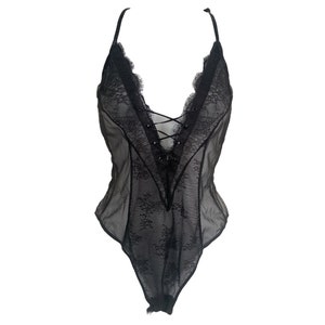 Black Lace and Mesh Bodysuit Black Lace Bodysuit Black Satin Sling Bodysuit  Black Lingerie Black Mesh and Satin Bodysuit 