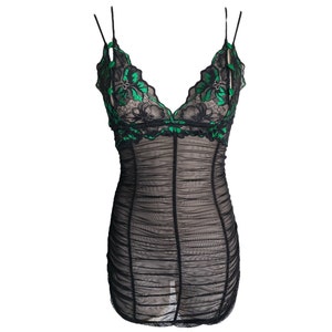 90&#39;s Mesh Dress Mini Slip Black Green Floral SHIRLEY of HOLLYWOOD Vintage 1990s Lingerie Sheer See Through Slip Romantic Grunge -Small/S