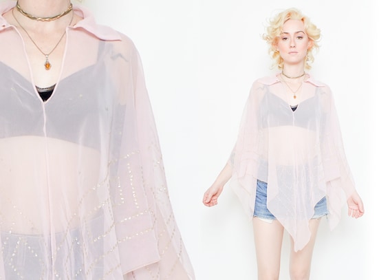 Chiffon Blouse Sheer Diamante Top 70s Boho Pink P… - image 1