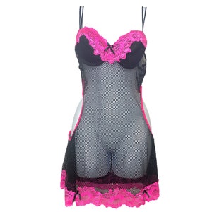 Y2K Black Slip Dress Mini Lingerie Mesh Slip Vintage Fishnet 2000s V Neck Line Nightgown Cut Out Sides Pink Floral Lace Mini Dress Size M