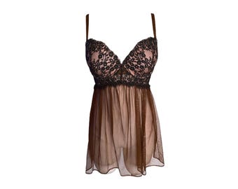 Y2k Sheer Mesh Ruffle Lace Victoria's Secret Brown Hand Dyed Floral Lace Romantic Boho Vintage 2000s Tie Camisole Vintage 90's Lingerie- 36C