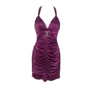 Y2K Purple Halter Dress Purple Satin 00&#39;s Backless Halter Neck Party Cocktail Romantic Club Open Back Halter Neck Dress Y2K Mini Dress -S