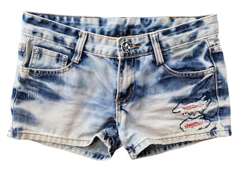 Y2K Denim Shorts Low Waisted Patchwork Embroidered Blue Jean Short