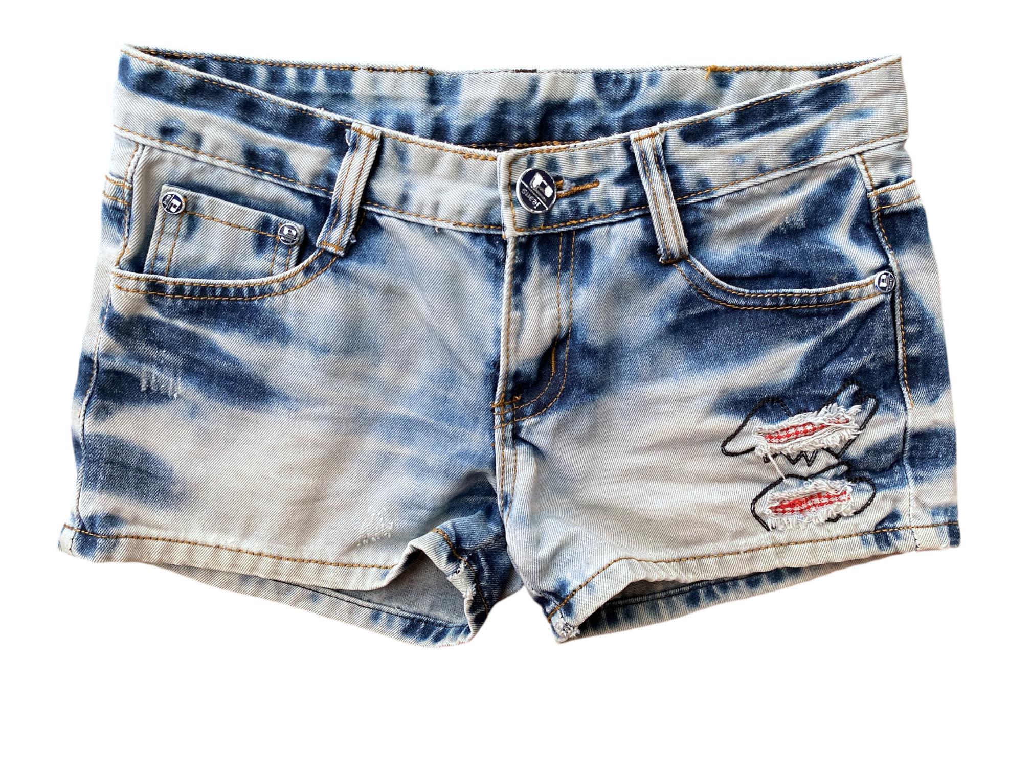 Y2K Denim Shorts Low Waisted Patchwork Embroidered Blue Jean Short
