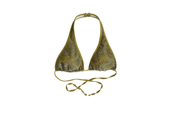 Y2K Green Crochet Bikini Top Swimsuit Top Halter Bathing Suit Crochet Boho Vintage Retro 2000's Halter Bikini  1990s  Size Large/L