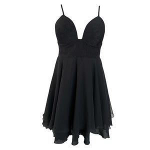90&#39;s Black Ruffle Mini Dress Spaghetti Strap Plunge Neckline Layered Chiffon Black Minimalist Simple Vintage 1990&#39;s Mini Dress -Small/S