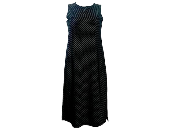 90s PINSTRIPE Black Midi Dress Y2K Clinging Black… - image 1