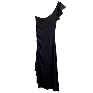 90s Party Dress Black Midi Dress 2000s Y2K Sparkle One Shoulder 1990s Vintage Asymmetric Bodycon Cocktail One Shoulder - Small
