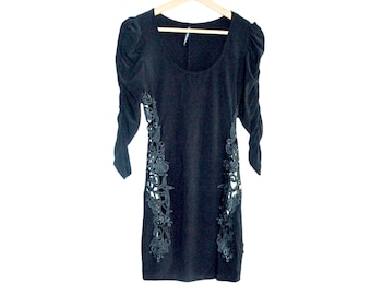2000's Black Lace Dress Mini Dress Sheer Floral See Through Sides Vintage Romantic Black Dress Grunge  Bodycon Mini Dress  - S