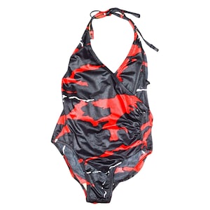 70s Black Red Abstract Bathing Suit One Piece Halter Neck 80&#39;s Swimming Costume Festival Grunge Boho 80&#39;s Low Back S