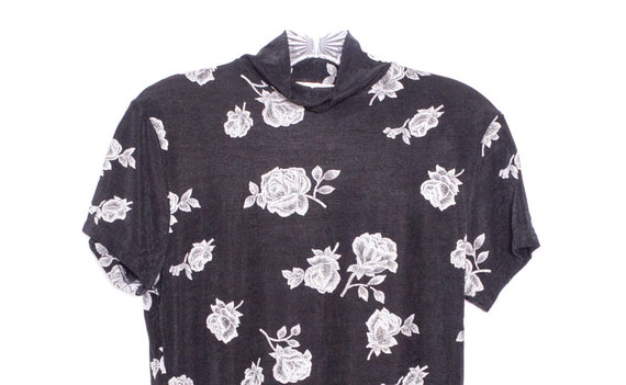90's Floral Top 1990's Blouse Shirt Black White F… - image 4