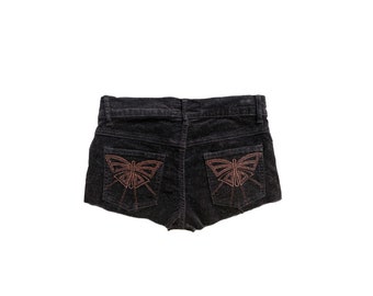 Y2K Black Shorts Low Waisted Cord Shorts Dragonfly Embroidered 00s Mini Party Grunge 2000s Jean Shorts Vintage Low Rise Waist 1/2 - XXS