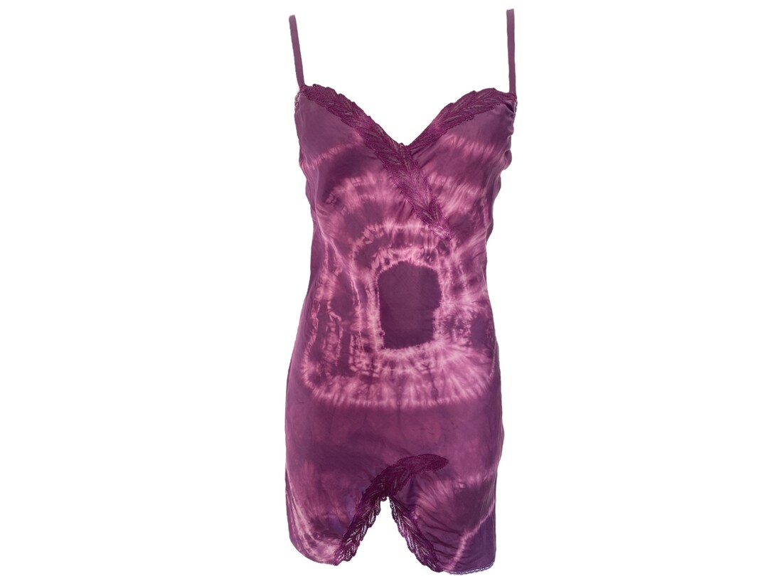 Purple Slip Dress Tie Dye Mini Slip Dress Lace Hand Dyed Romantic Vintage 80s Dress Hipster Bohemian Boho Festival Size -Small - 34