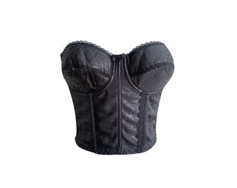 80's Bustier Black Lingerie Bra Boned Backless 80s Strapless Top Vintage Sweetheart Escote 1980s Backless Cinched Waisted XS Small 32 B
