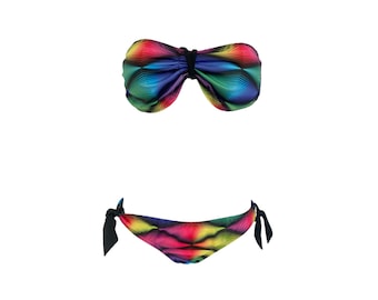 Bikini Y2K de dos piezas, traje de baño de los años 90, conjunto de bandeau con ilusión óptica, estilo bohemio vintage retro azul, bikini de cintura baja de los años 90, talla S
