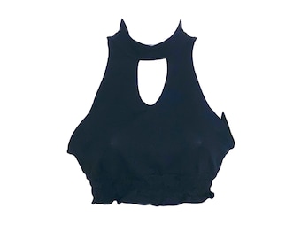 Black Halter Top Y2K Vintage Boho Halter Neck Black Y2K Plunging V Neck Blouse 90s Romantic Grunge  M