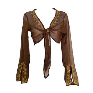 Puede incluir: Una blusa transparente de color marr&oacute;n con mangas largas y cierre de lazo frontal, que presenta un escote en V profundo y mangas acampanadas. La prenda est&aacute; decorada con intrincados bordados dorados y peque&ntilde;as lentejuelas doradas en el escote, los lazos delanteros y los pu&ntilde;os.