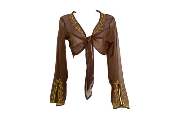 Y2K Silk Blouse Tie Waist Brown Silk Chiffon Gold Sequin Romantic Boho Long Sleeve Bohemian Deep V Crop Top  Vintage Y2K Tie Waist Top- L