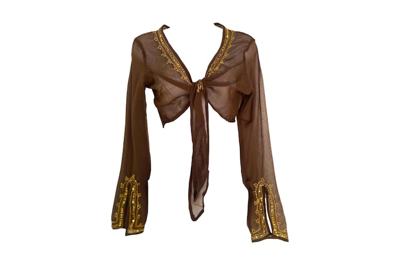 Puede incluir: Una blusa transparente de color marr&oacute;n con mangas largas y cierre de lazo frontal, que presenta un escote en V profundo y mangas acampanadas. La prenda est&aacute; decorada con intrincados bordados dorados y peque&ntilde;as lentejuelas doradas en el escote, los lazos delanteros y los pu&ntilde;os.