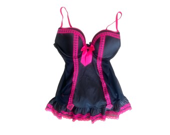 Black 90's La Senza Satin Lace Bustier Babydoll Top Y2K Top Rave Lolita Kawaii Vintage 00's Black Pink Satin Mesh  Festival Grunge Size - L