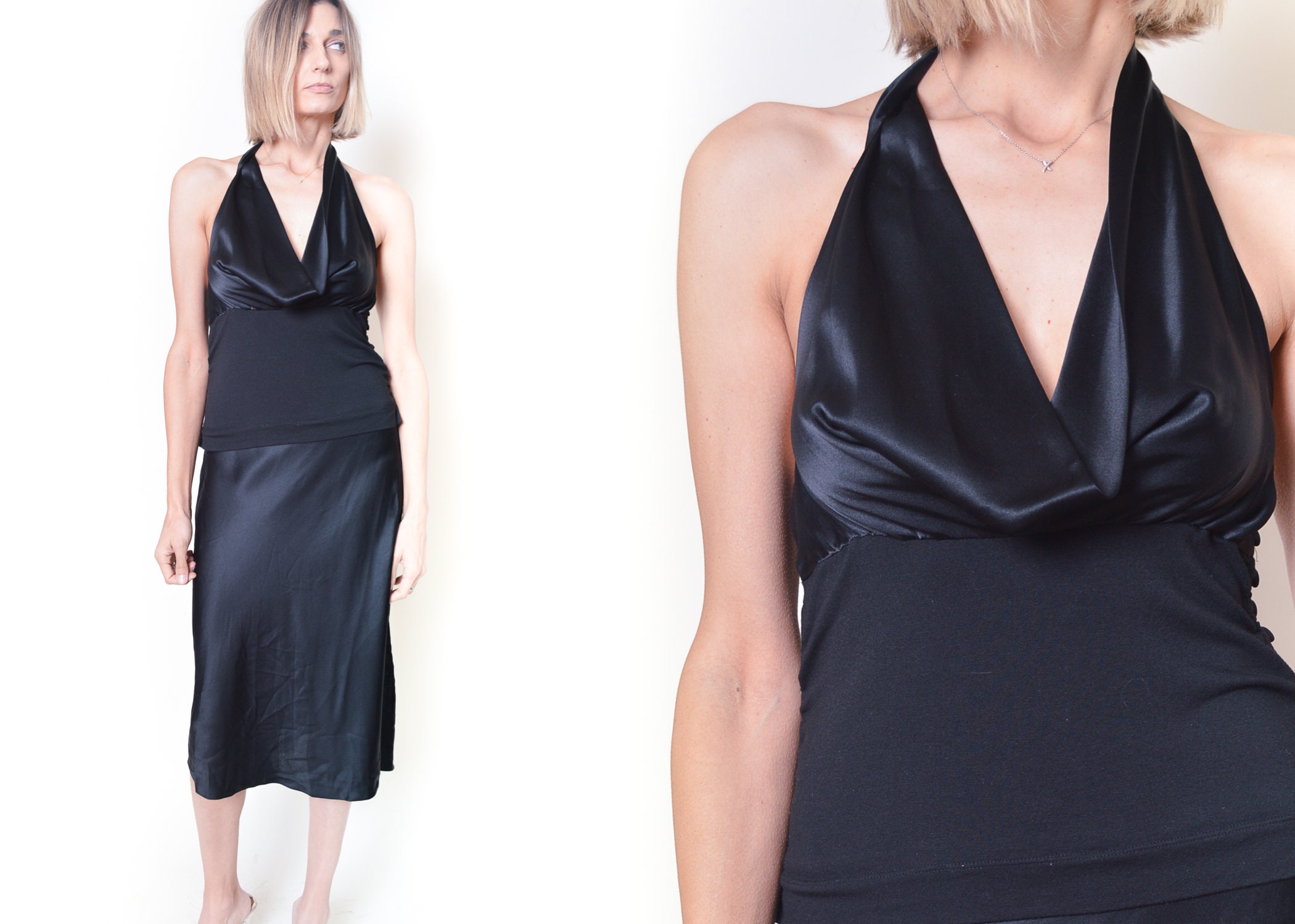 Y2K Halter cuello vestido negro 00 s Catherine Malandrino Festival Party Cocktail Romantico gotico seda Satin Midi vestido Bias corte pequeno Etsy Mexico